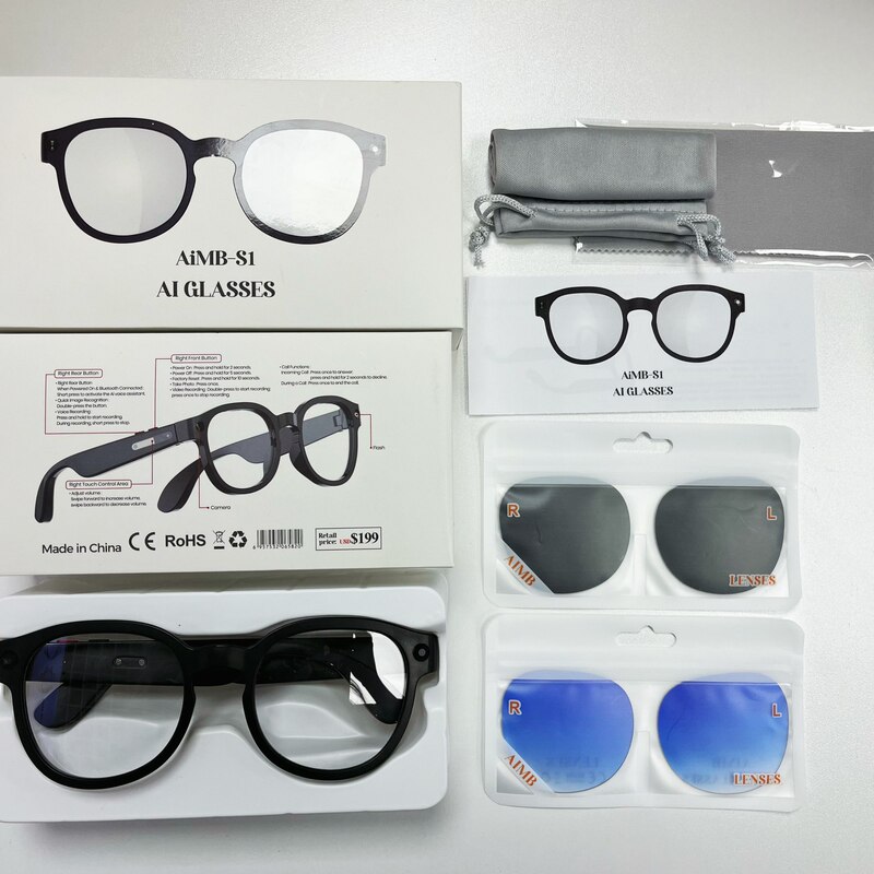Cross-Border Hot-Selling Product Aimb-S1 Ai Smart Glasses with 5Mp Camera for Photo Recognition and Translation from Huaqiangbei