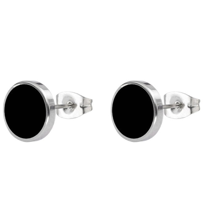 Juego de pendientes de acero inoxidable para hombre con resina epoxi negra redonda, joyería geométrica clásica de moda._voghion.com
