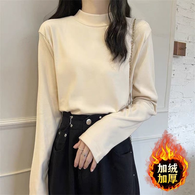 Coreano pesado de doble cara de terciopelo de cuello medio alto de la camiseta de base para mujeres con camiseta de manga larga de terciopelo de doble cara gruesa image 5