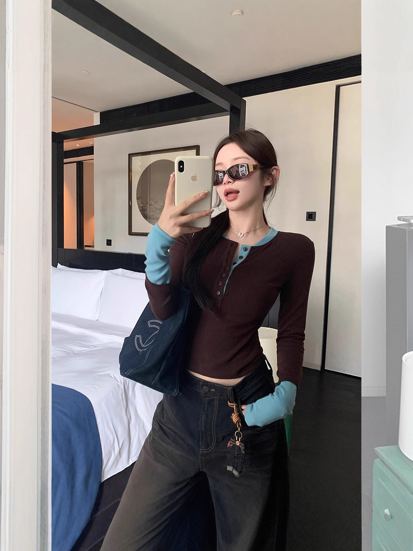 假两件拼接叠穿层次感长袖T恤2025秋季新款修身设计感显瘦撞色衣