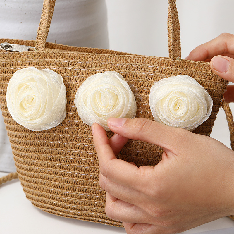 Straw Bag Bags Type Casual, Holiday Occasion Women's Straw Color Block Flower Vacation Beach Weave Square Zipper Straw Bag