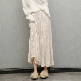 丝绒半身裙丨春秋冬季米色温柔褶皱裙高腰A字百褶裙长裙女
