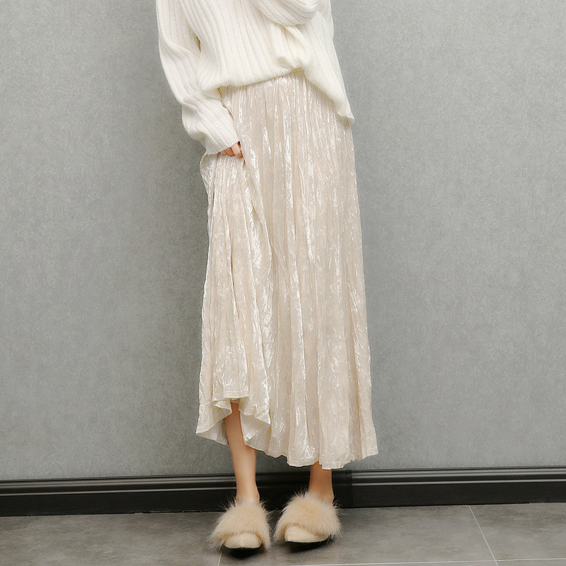 Velvet Skirt | Spring, Autumn and Winter Beige Gentle Pleated Skirt High Waist A-Line Pleated Skirt Long Skirt for Women