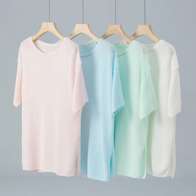 Special Offer, No Returns or Exchanges. Korean-Style Simple Short-Sleeve Round-Neck Washi Yarn Knit Top for Women, New Summer Style, Loose Fit, Slimming, Lightweight