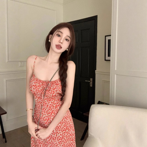 French floral bow strap sundress for women, new summer arrival, high-waisted, figure-flattering, medium-length dress, red vacation style dress