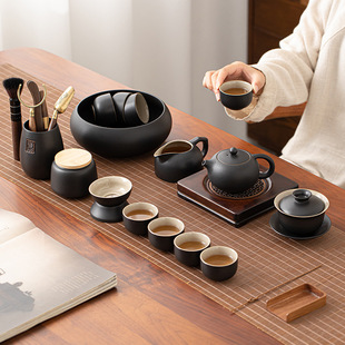 Cross-Border Black Pottery Kung Fu Tea Set for Home Living Room Office Reception Gift Tea Cup Teapot Complete Set of Tea Set