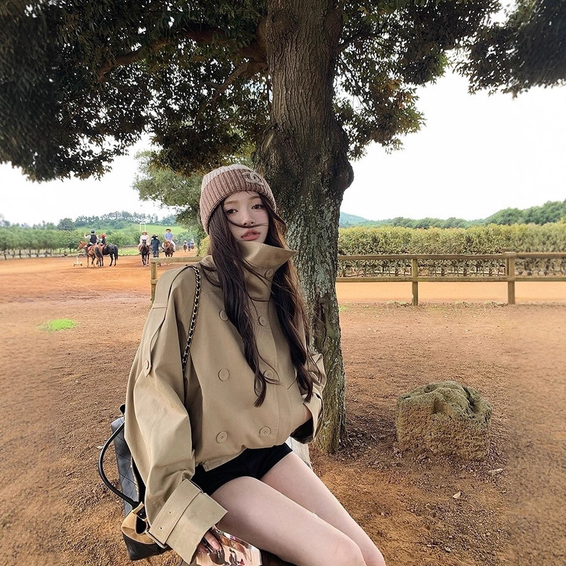 2025 Autumn New British Style Double-Breasted Stand Collar Short Windbreaker Women's Loose Fashion Trendy Work Jacket