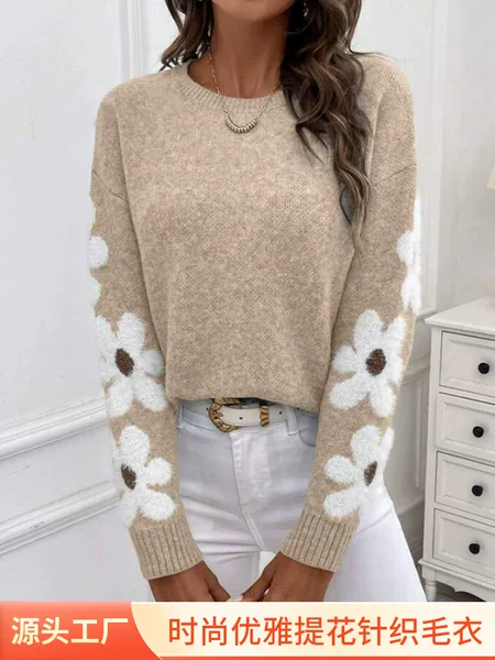 2024 Autumn and Winter Explosions Fashion Elegant Flower Jacquard Knitted Pullover Amazon Cross-border Clothes Autumn Women