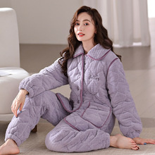 三层夹棉睡衣女士冬季珊瑚绒2025新款冬天加绒加厚棉袄家居服套装
