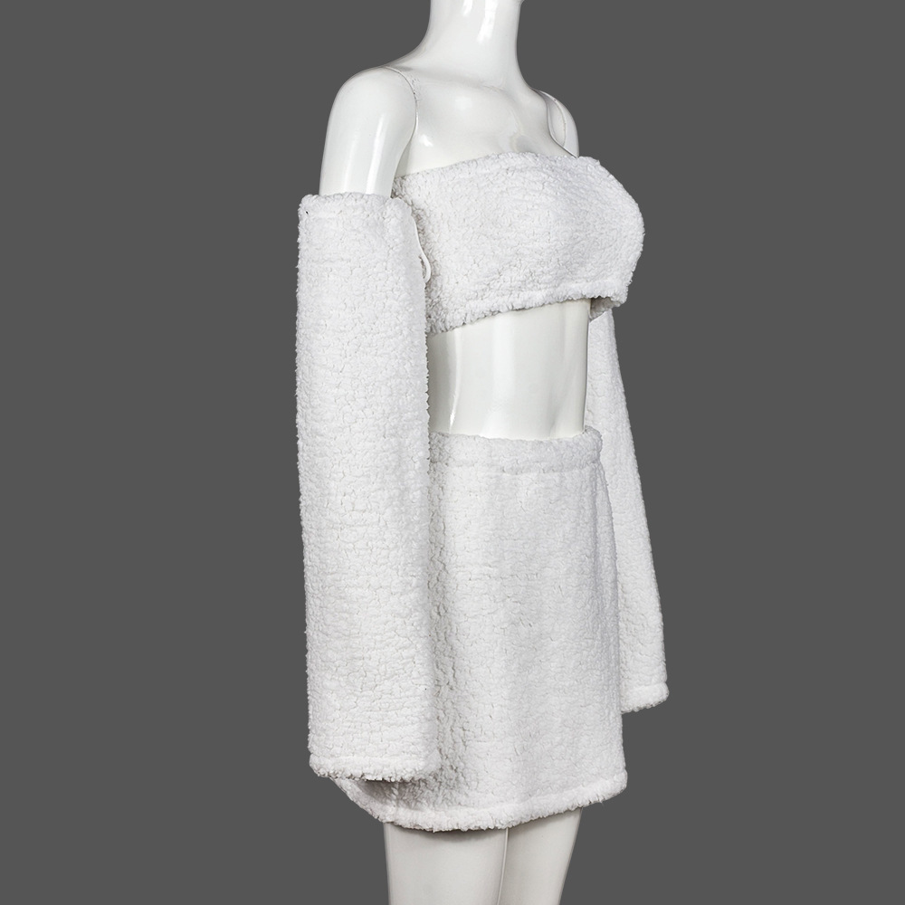 Autumn Winter Double Sided Plush Sexy Tank Top Hollow Out Cutout Cropped Skirt Set