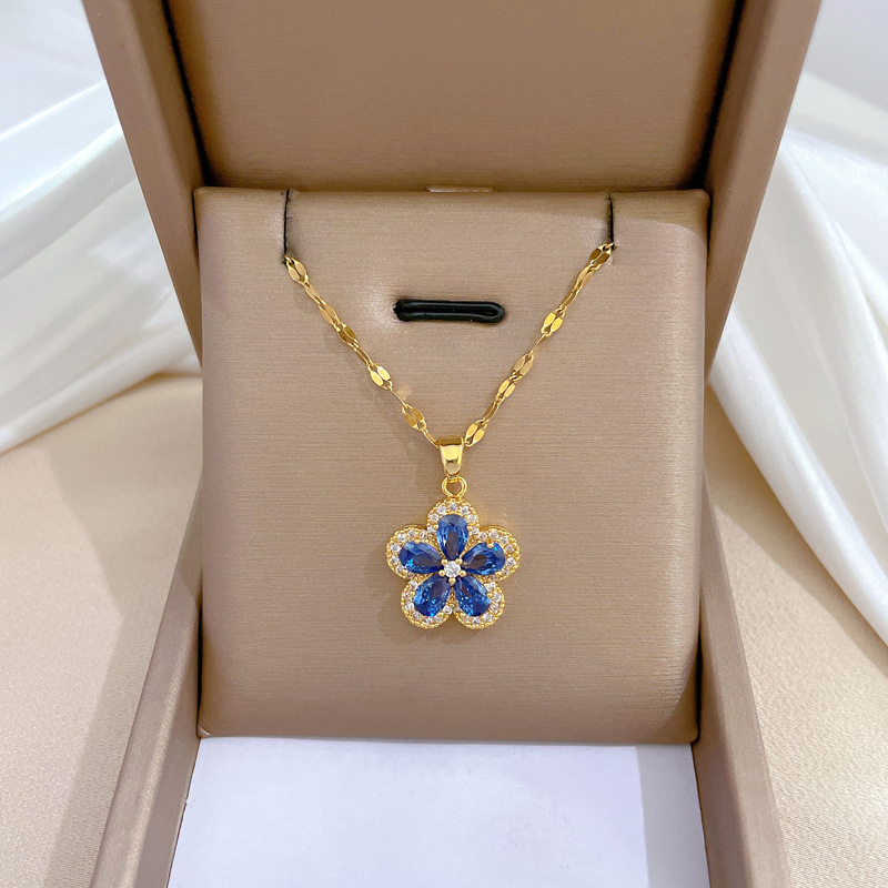 Flower Pattern Golden Plated 304 Stainless Steel Electroplating Zircon Flower Glam Earrings Necklace For Women'S