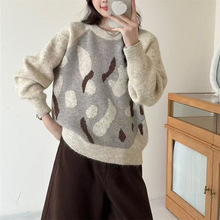 2025秋冬新款韩系宽松显瘦圆领提花小狗脚印毛衣女百搭外套上衣