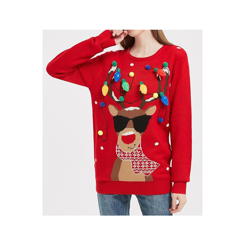 Women's Sequin Luminous Tinsel Christmas Sweater Reindeer Snowflake Decoration Led Round Neck Long Sleeve Jacquard Knitwear