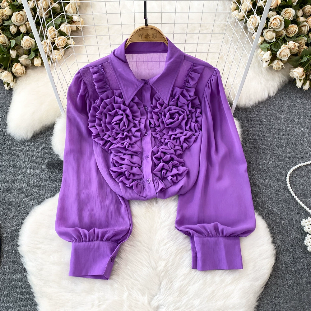 Весенний и осенний сладкий трехмерный цветочный фонарь рукав однобортный сплошная рубашка женская повседневная свободная дикая иностранная рубашка