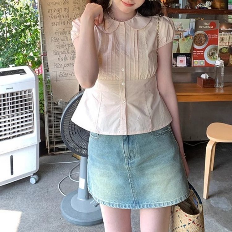 韩系温柔风粉色娃娃领收腰短袖衬衫女夏季设计感减龄蕾丝花边衬衣|undefined