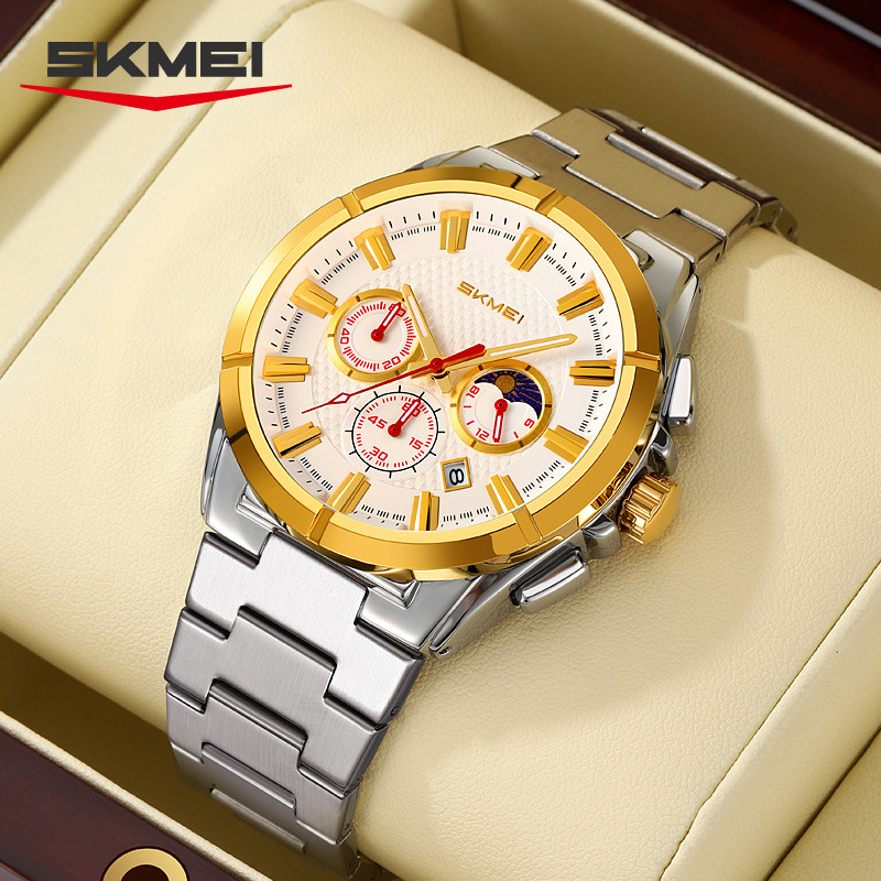 Momento de los Estados Unidos transfronterizos hombres cronógrafo multifuncional calendario de estrellas impermeable cuarzo reloj de hombre reloj deportivo de correa de acero