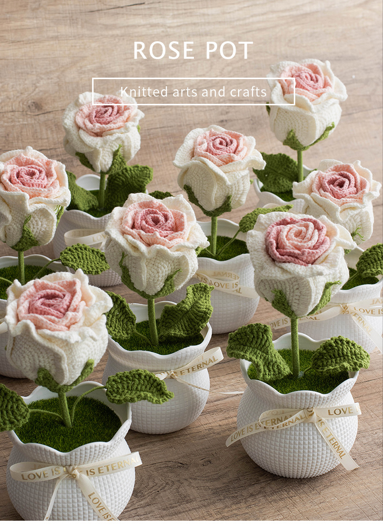 Ready-made hand-knitted rose artificial flower potted plants, office desktop potted plants, knitted flower ornaments, artificial flowers wholesale pic 1