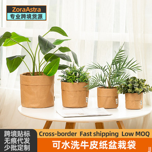 Cross-border Kraft Paper Bag Extra Thick Waterproof Desktop Nordic Potted Plant Pot Storage Bag Forest Washable Kraft Paper Bag
