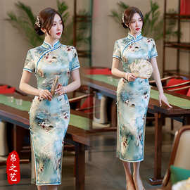 现货 改良桑蚕丝旗袍女2024年夏短袖印花中国风中式连衣花裙批发