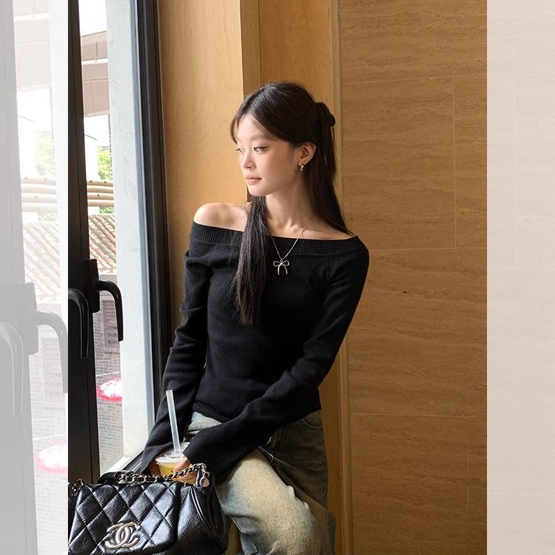 灰色高级感斜肩修身打底衫长袖T恤女秋季2025新款配阔腿裤的上衣|undefined