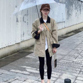 韩系设计感撞色工装牛仔外套女装2025秋季新款休闲显瘦中长款大衣