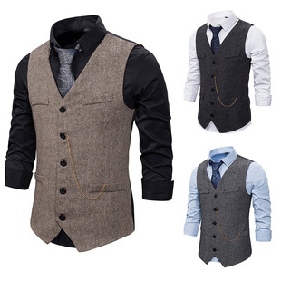 Cross-Border Export Men's European and American Style Woolen Single-Breasted Suit Vest Fashionable V Neck European Size Casual Vest
