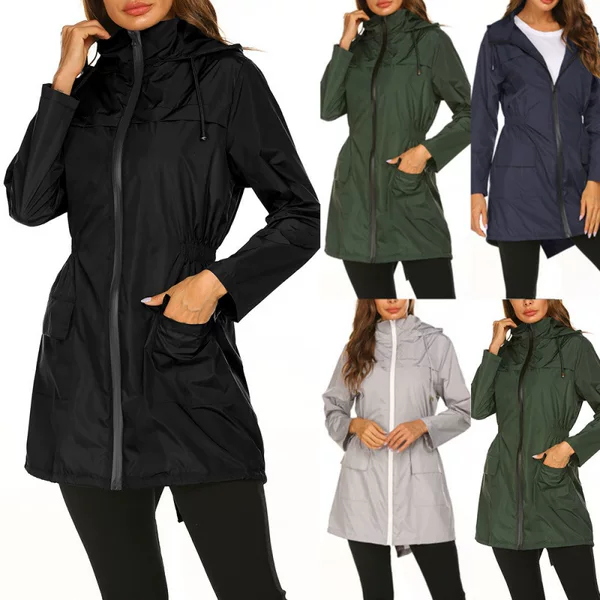 Amazon Autumn and Winter Women's Outdoor Jacket, Waist-Cinched, Hooded, Lightweight, Rainproof, Slim-Fit Raincoat