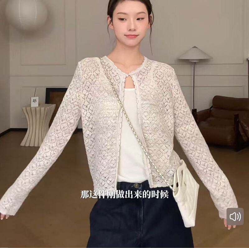 Spring and Summer Slim-Fit Linen Sequin Cardigan with Drawstring, Slimming Knit Cardigan, Thin Crochet Hollow-Out New Style