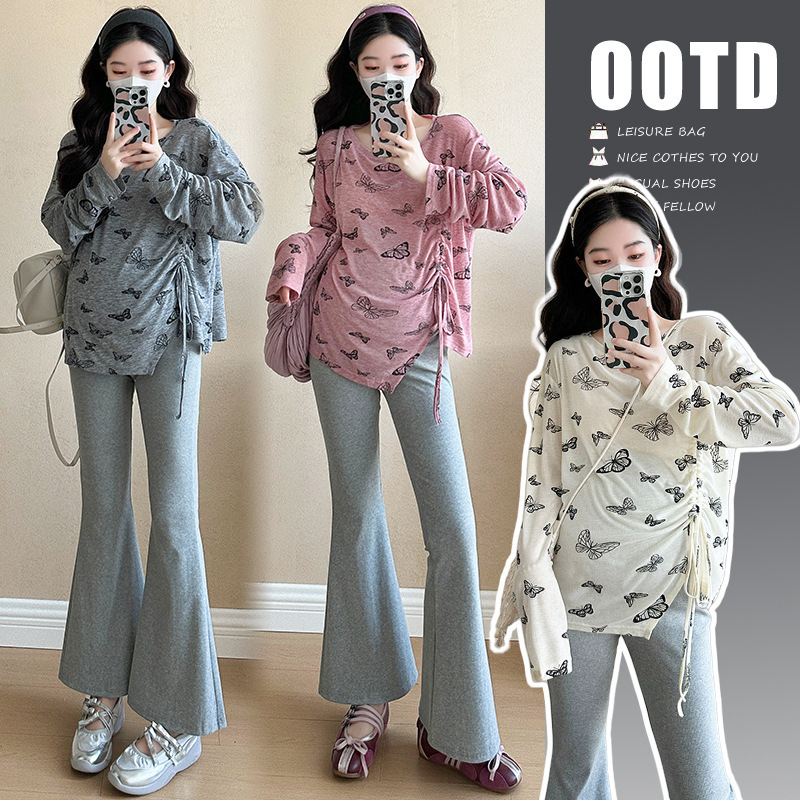 2025 Pregnant Women's Spring suit Fashionable Western-style Bow Printed Stretch T-shirt Base Shirt with Pregnant Women's Bell Pants