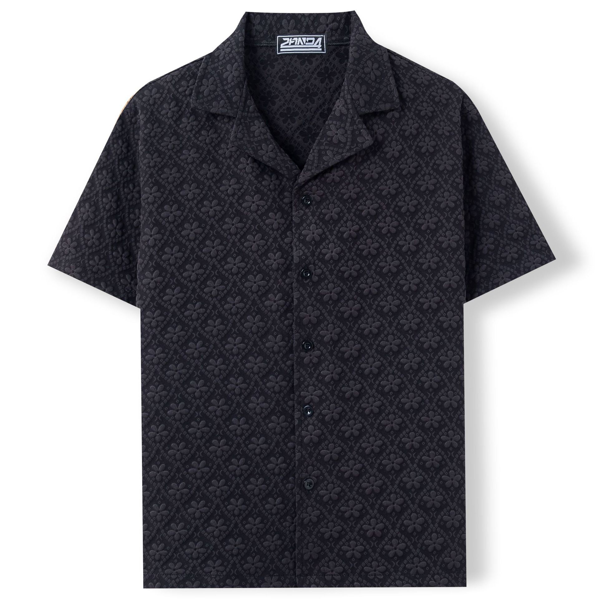 Amazon Cross-border Men's European and American Style Summer Men's Casual Shirt Jacquard Fabric Cuban Collar Short Sleeve Shirt