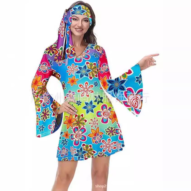 Cross-border European and American Halloween 7080 s disco hippie style V collar with horn sleeve dress