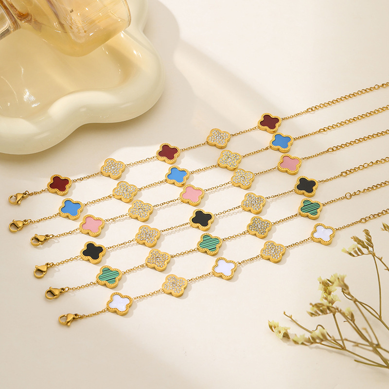 Cross-border e-commerce explosions 18K four-leaf clover bracelet titanium steel diamond inlay light luxury high-end sense simple fashion Joker Cross-border e-commerce explosions 18K four-leaf clover bracelet titanium steel diamond inlay light luxury high-end sense simple fashion Joker