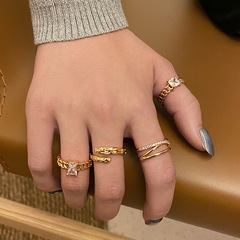 跨境新款幾何型交叉金色戒指氣質輕奢鑲嵌鋯石開口調節食指指環