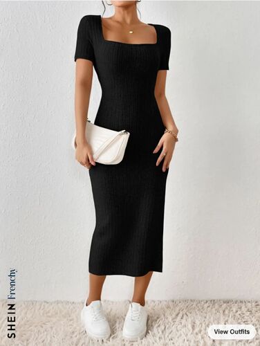 2024 European and American foreign trade women's clothing summer French square neck, side split bag, hip skirt, knitted, short-sleeved, slim dress