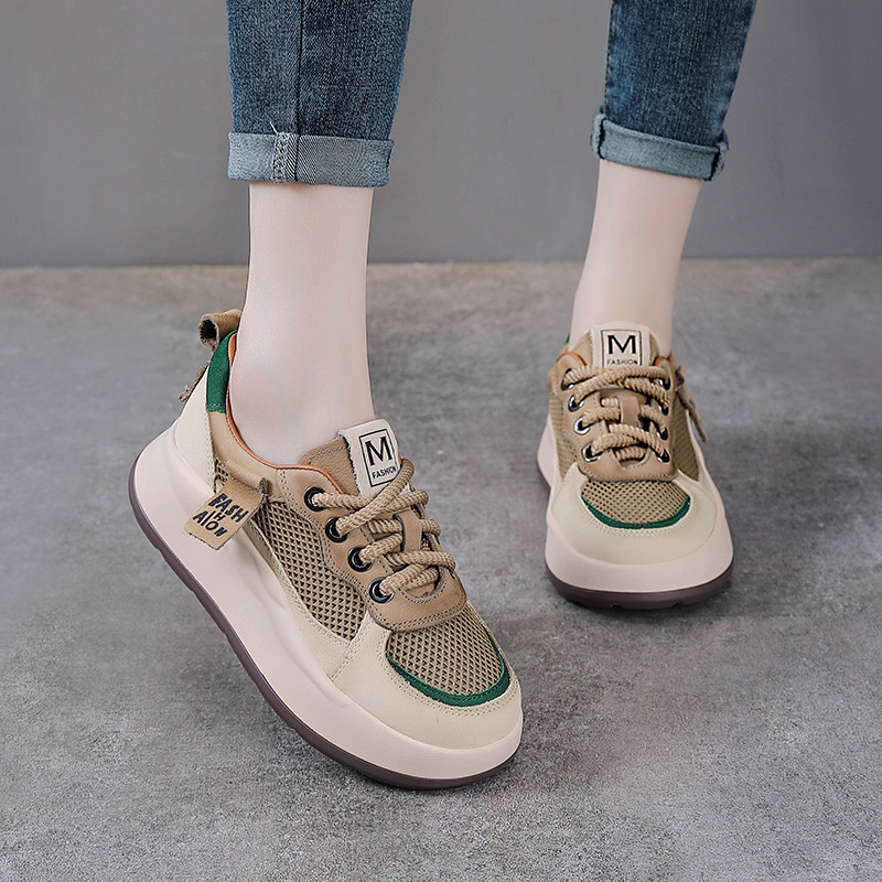 Giày sneaker nữ đế dày da bò thật lỗ thoáng khí phong cách retro — màu be