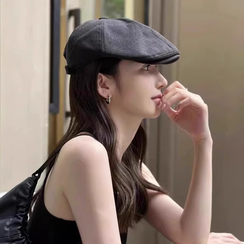 复古咖色棉麻女款夏季美式英伦风前进帽显脸小大头围贝雷帽子潮流|undefined