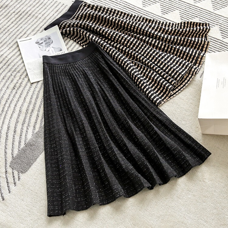 Romantic and artistic style with good hanging feeling, flash or small lattice, elastic waist and ankle knitted sprinkling long skirt