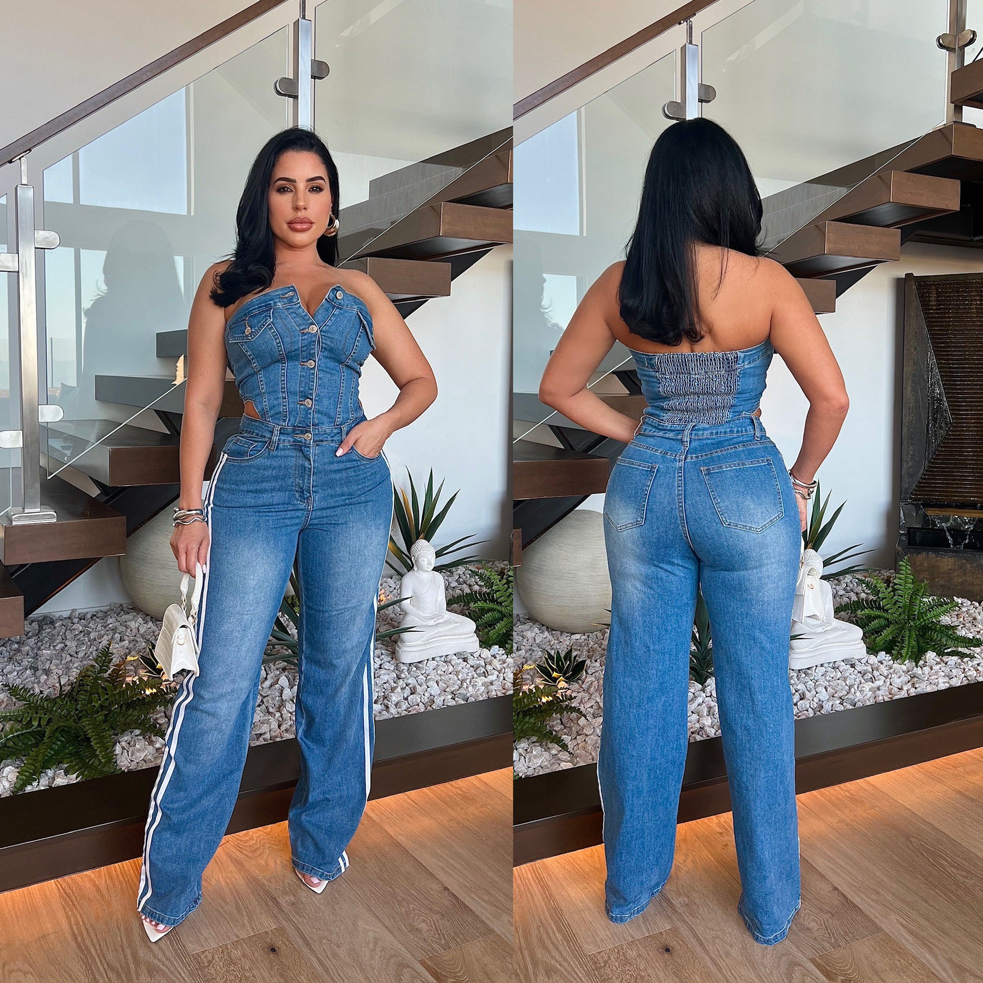6995 Cross-border Amazon AliExpress European and American Women's Strapless Shoulder Slim Straight Leg Denim Pants