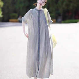 衬衣女大码夏季女装连衣裙女长裙子条纹慵懒风宽松国风衬衫裙子女