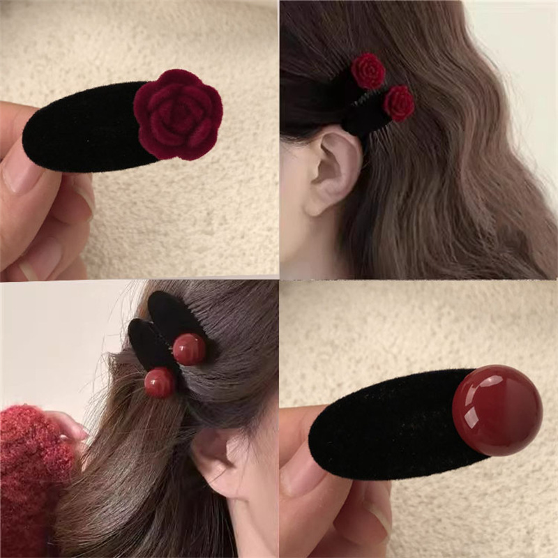 Clip de boca de pato perla roja de alta calidad Clip lateral de terciopelo rosa flequillo clip para el cabello roto tocado horquilla accesorios para el cabello