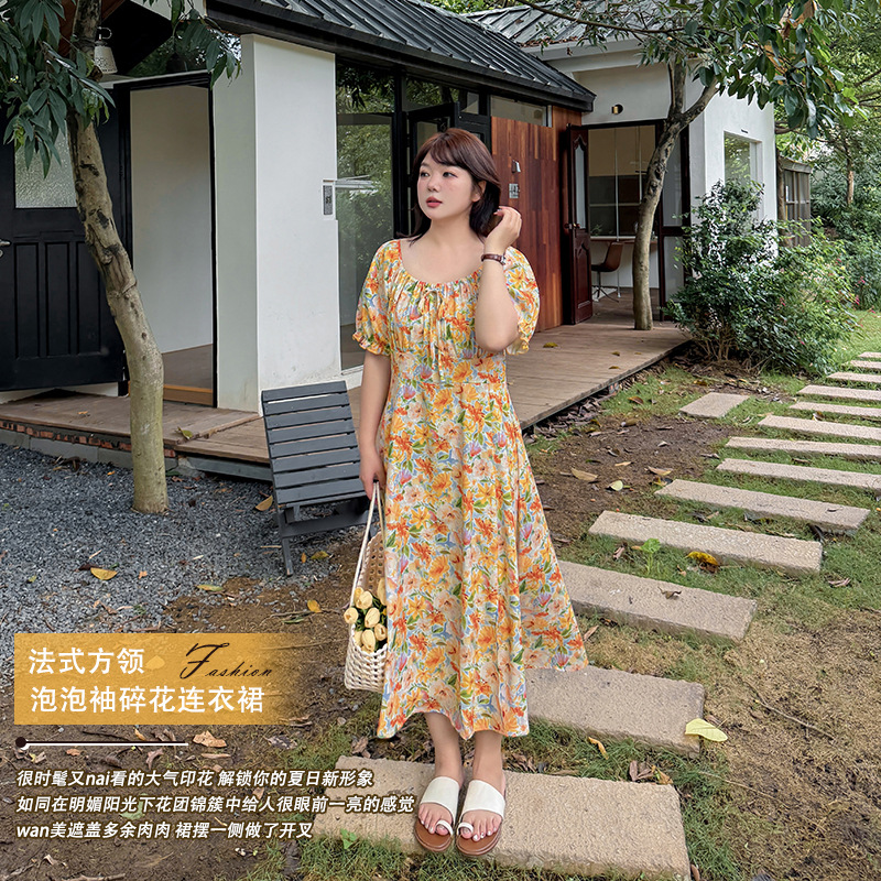双天2025夏季新款高级感大码女装法式方领泡泡袖碎花连衣裙Y-275 双天2025夏季新款高级感大码女装法式方领泡泡袖碎花连衣裙Y-275