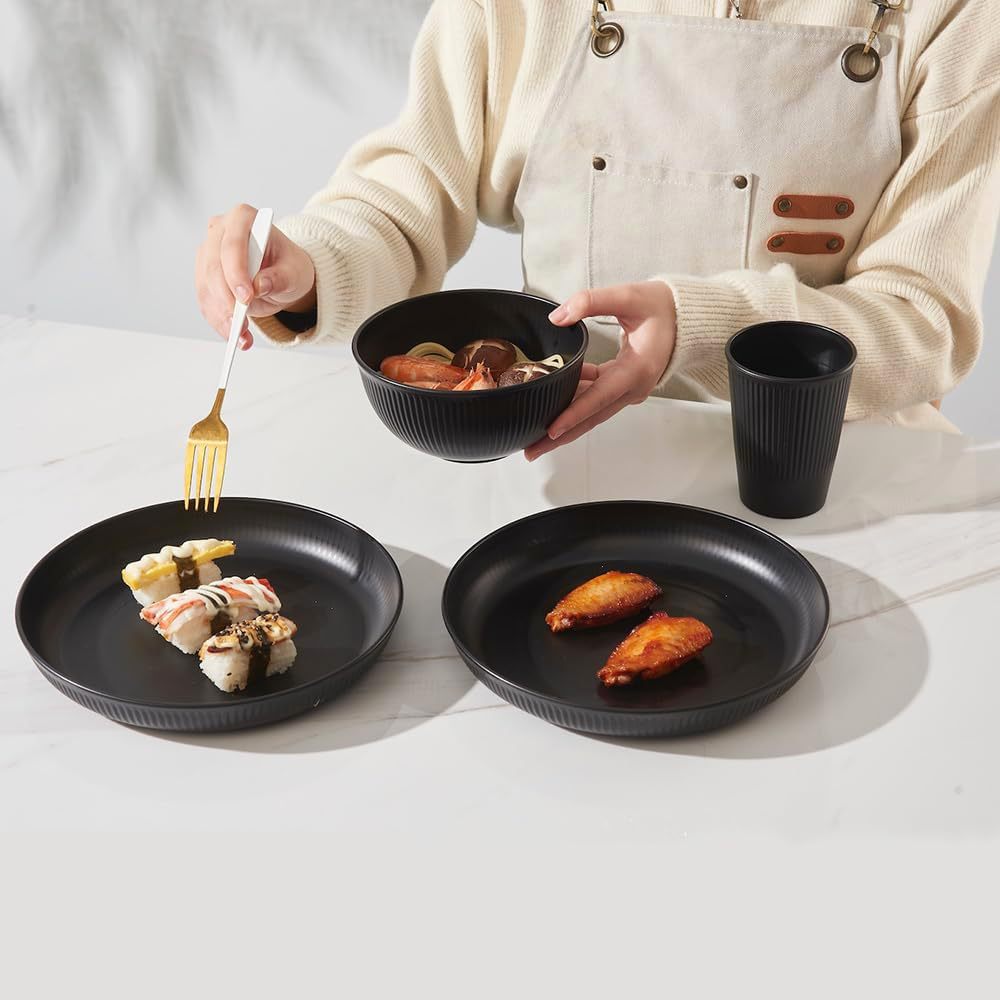 黑色餐具套装 小麦黑色餐具 中古黑白色餐具 黑色餐具盘 黑色餐具刀叉套装塑料 黑色餐具四件套盒子 黑 32件套黑色餐具_20241008111147