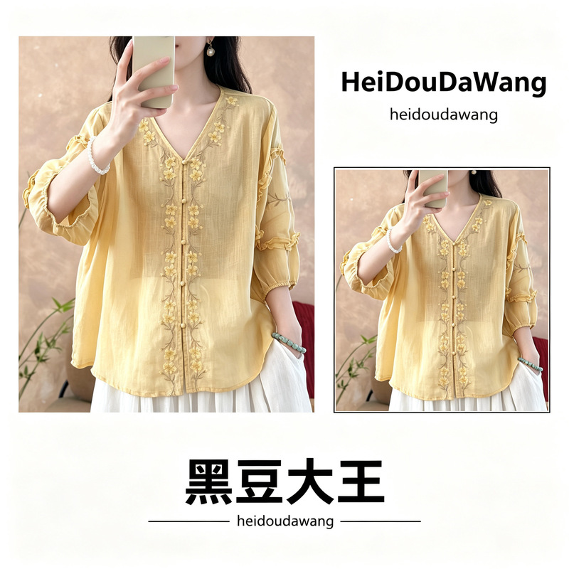 Ramie collar sweet shirt with embroidered small flowers, exquisite and age-reducing, loose and cool top Ramie collar sweet shirt with embroidered small flowers, exquisite and age-reducing, loose and cool top