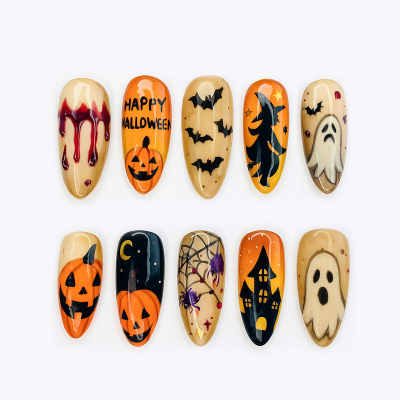 Halloween hot-selling press-on nails: sweet and cool bat, ghost, pumpkin, spider nail art, popular cross-border nail pieces Halloween hot-selling press-on nails: sweet and cool bat, ghost, pumpkin, spider nail art, popular cross-border nail pieces