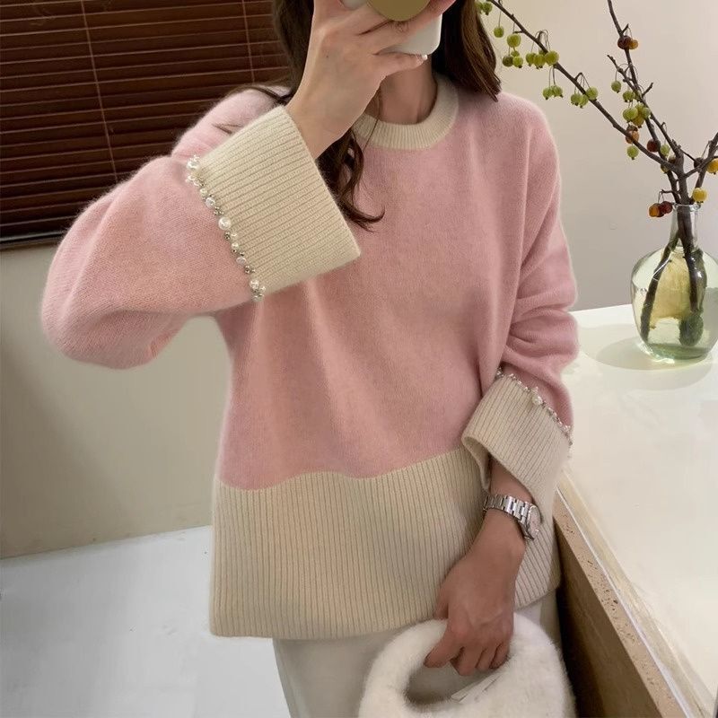 法式复古拼色毛衣女休闲百搭高端设计感袖口钉珠重工小众针织衫|undefined