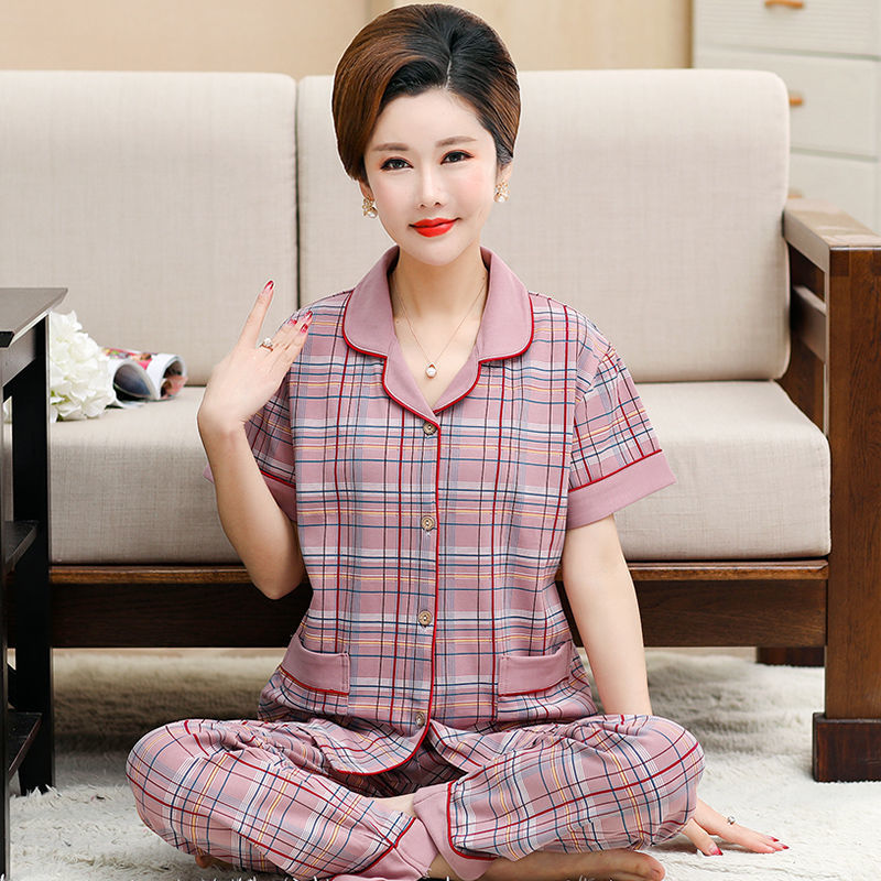 Pijama de algodón de verano Pantalones de manga corta para mujer de mediana edad traje de Rebeca de talla grande Delgado homewear