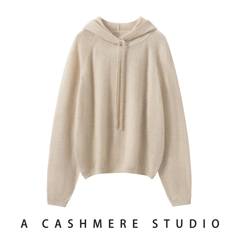 100%纯山羊绒女士连帽宽松休闲百搭简约风羊绒衫秋冬新款针织帽衫
