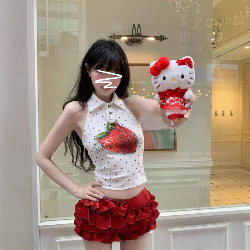 American-Style Spicy Girl Black and White Polka Dot Sleeveless Tank Top for Women, Summer Outerwear with a Unique Design, Slim Fit Halter Neck Camisole