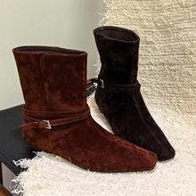 SKO羊绒皮短靴女2025早秋好看新款尖头瘦瘦靴绒面手工真皮鞋棕色