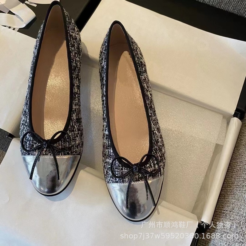 经典小香风芭蕾鞋女蝴蝶结圆头平底鞋浅口舒适百搭一脚蹬懒人鞋女|undefined